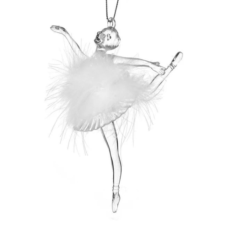 Ornament brad Craciun Antbro® balerina transparenta cu fusta si pene albe, 13cm