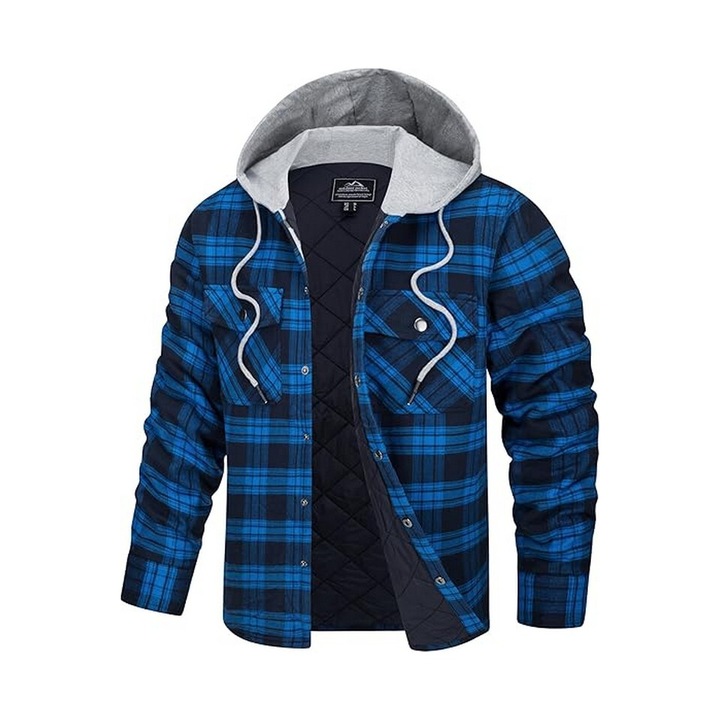Jacheta de flanel pentru barbati cu gluga, captusita, 100% bumbac, in carouri albastru negru, KEFITEVD, Carouri
