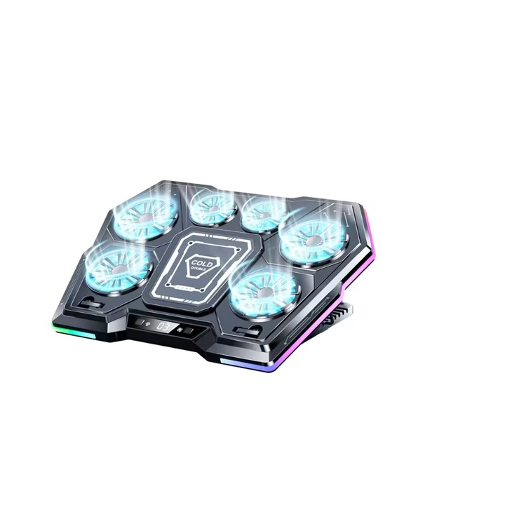 Cooler pentru laptopuri de gaming 12-17.3 inch cu 6 ventilatoare RGB, sistem de racire cu placa de portelan, control digital al vitezei si efecte de iluminare personalizabile. Design ergonomic pentru o utilizare confortabila si eficienta maxima in racire