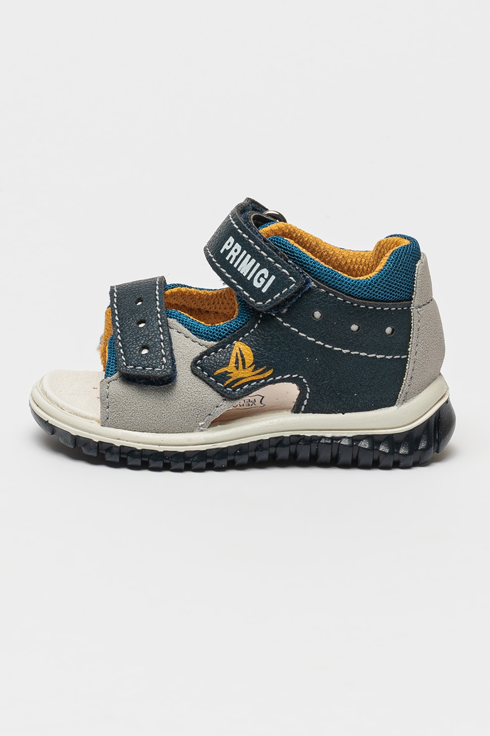 Primigi, Sandale din piele ecologica cu logo si velcro, Albastru ultramarin, Albastru royal, 22 EU