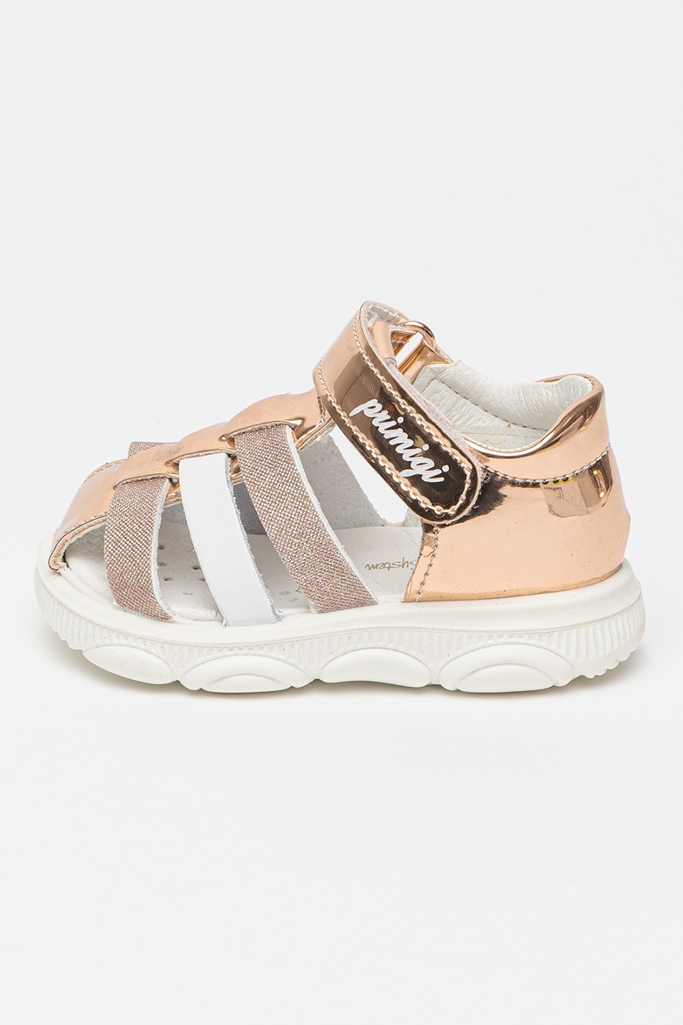 Primigi, Sandale cu aspect lacuit si velcro, Alb, Bronz, 23 EU