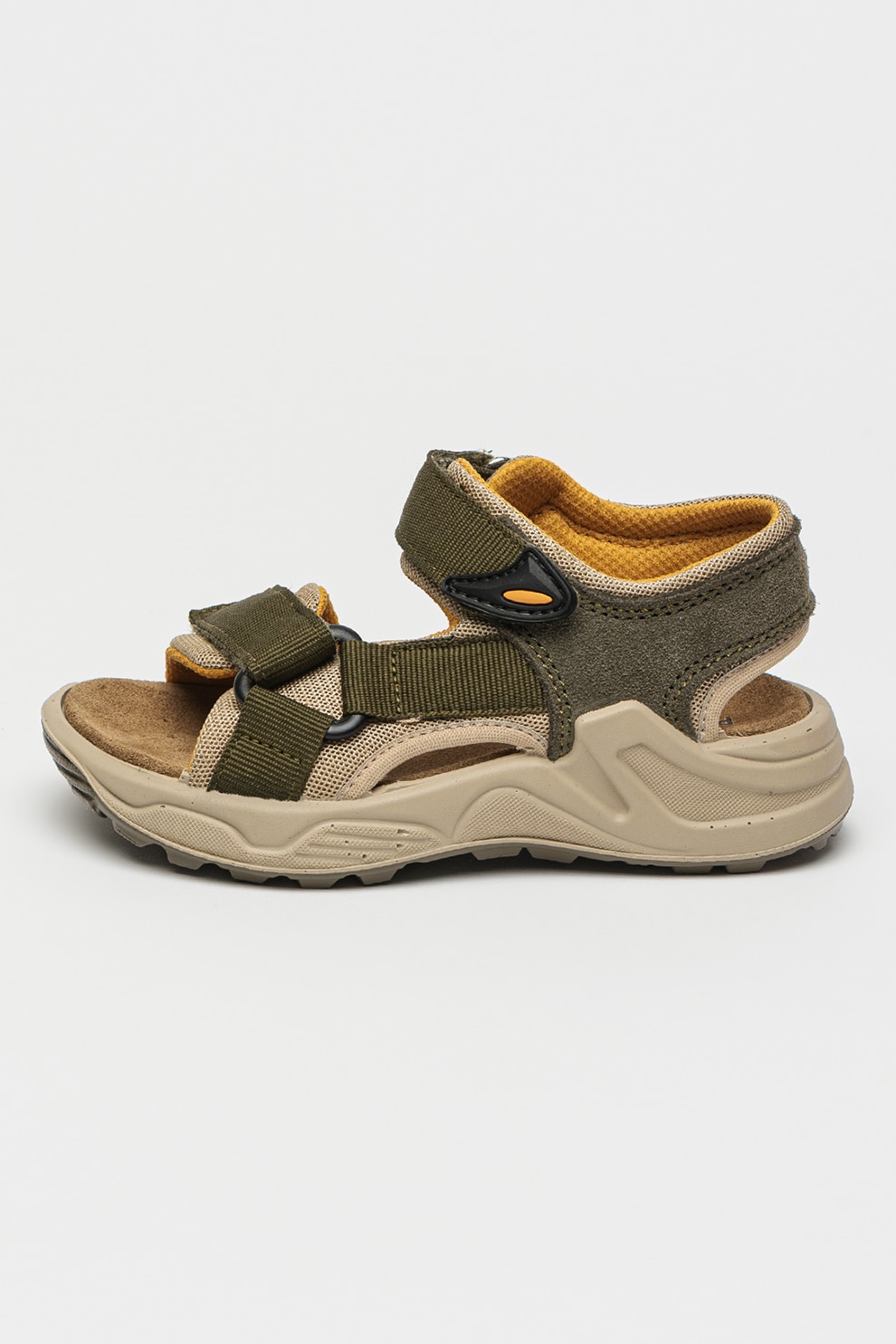 Primigi, Sandale din piele intoarsa cu talpa plata si velcro, Galben, Bej, Kaki, 27 EU
