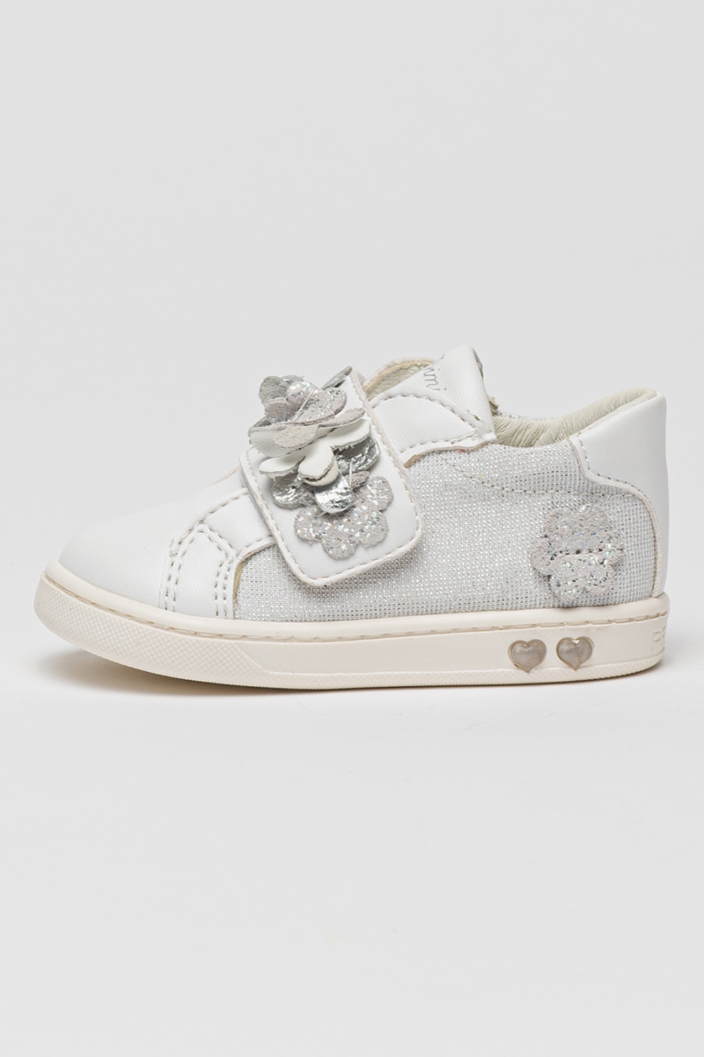 Primigi, Pantofi sport cu inchidere velcro cu segmente stralucitoare si detalii florale, Alb, Argintiu, 20 EU