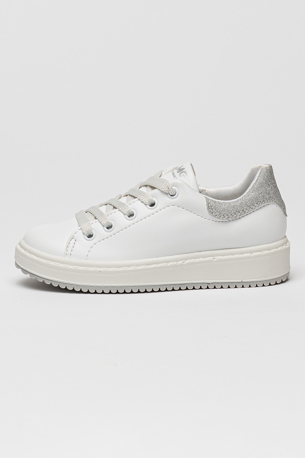 Primigi, Pantofi sport din piele ecologica cu fermoar, Alb optic, Argintiu, 28 EU
