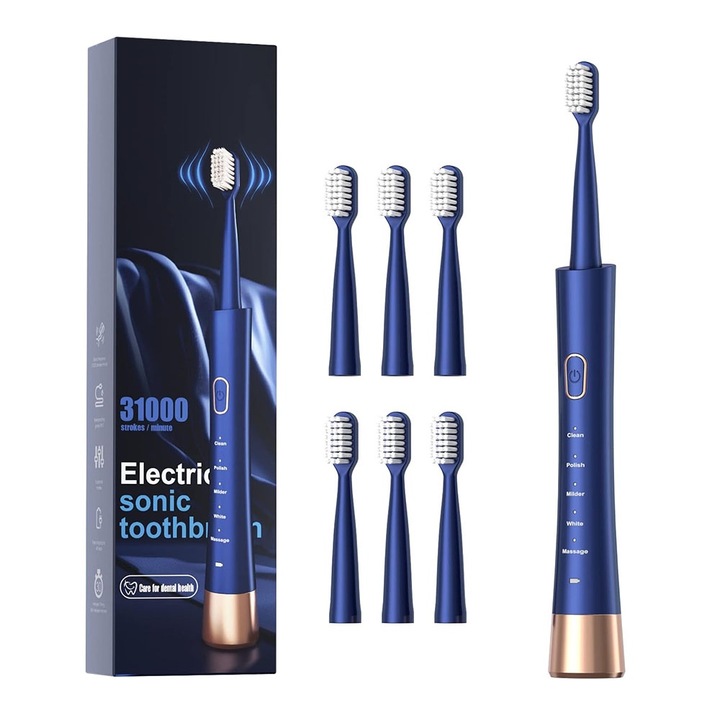 Elektromos fogkefe, 31 000 impulzus/perc, 5 program, 6 fej, kék, felnőtteknek