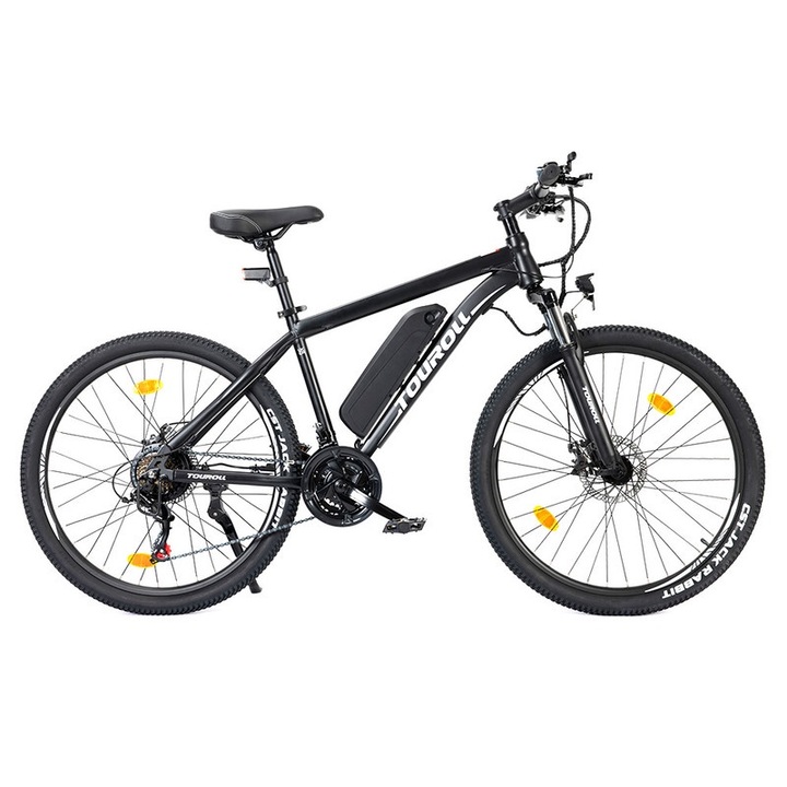 Elektromos kerékpár, Touroll U1 29, 250 W-os motor, 13 Ah-s cserélhető Li-ion akkumulátor, 65 km-es autonómia, 29x2,25' CST terepgumik, Shimano Gear felnőtt elektromos kerékpár 21 sebességgel, szabadidős kerékpározáshoz és ingázáshoz, fekete