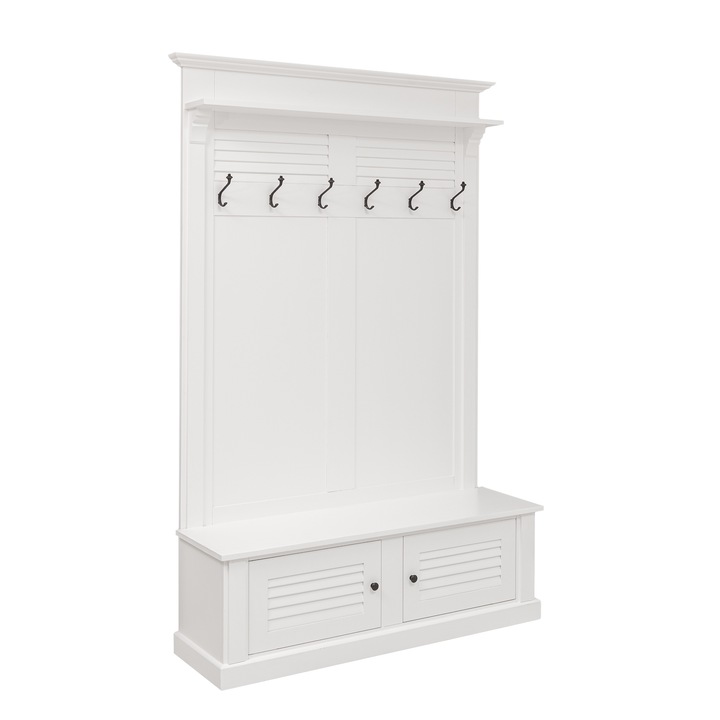 Cuier cu design Shutter cu doua usi, culoare alb P004, vopsit, 100% lemn masiv, 140x41x210 cm