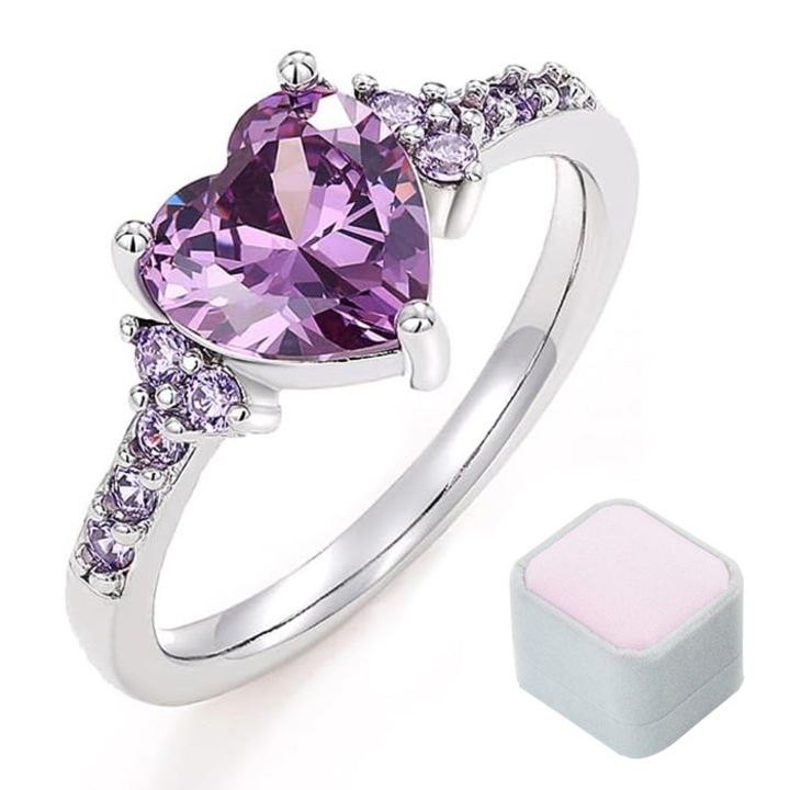 Inel din argint 925 cu zirconiu stralucitor pentru nunta, Cu cutie de ambalare, zirconiu roz, in forma de inima, cu diametrul de 18,1 mm, YQLAFT