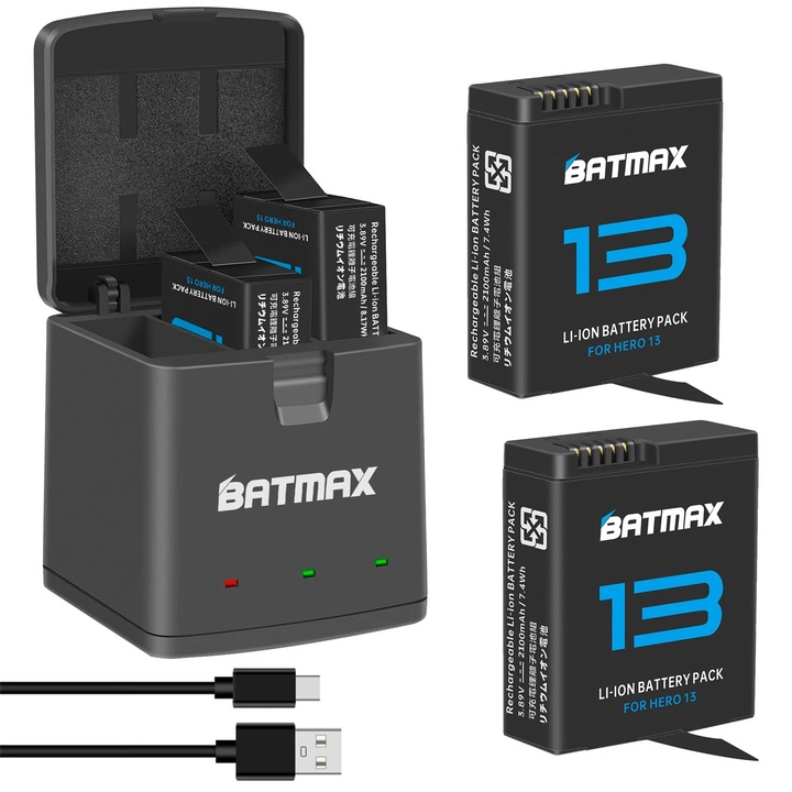 Комплект 2 батерии 2100mAh + тройно зарядно BATMAX за спортна видеокамера GoPro Hero 13 Black