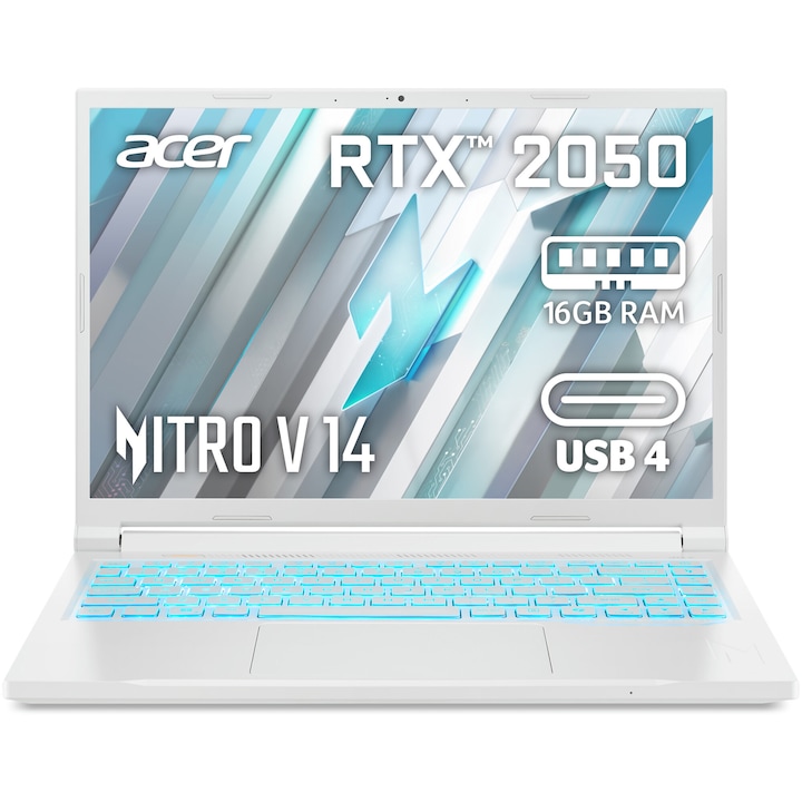 Acer Nitro V14 ANV14-61-R7YE Gaming laptop AMD Ryzen™ 5 8645HS processzorral akár 5,0 GHz-ig, 14,5" WUXGA, IPS, 120 Hz, 16 GB DDR5 RAM, 512GB SSD, NVIDIA® GeForce RTX™ 2050 4GB GDDR6, No OS, Gyöngyfehér