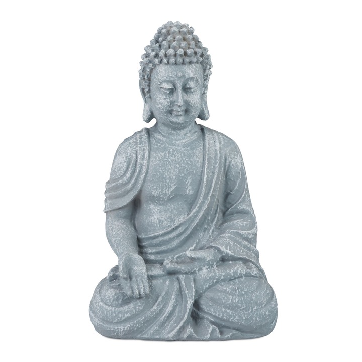 Statueta Buddha, Figurina Decorativa Spirituala pentru Liniste si Energie Pozitiva, Polirasina, Gri, 30 x 18 x 11 cm