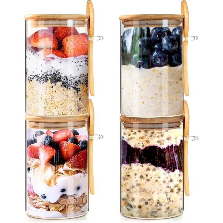 Set 4 Borcane din Sticla Elindor® cu Capac Etans, Borcan 550 ml Ideal pentru Iaurt, Sosuri, Salate, Gustari, Miere, Dulceata, Condimente, Zahar, Cafea, Capace din Bambus, Recipient Depozitare in Bucatarie, Lingurite Incluse, Transparent