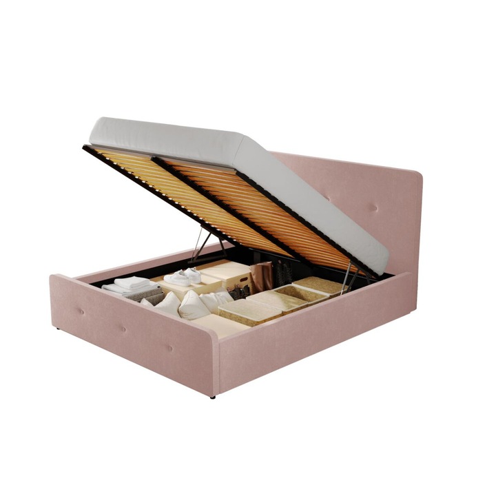 Pat dublu tapitat Livorno, cadru lemn si pal, 140x200 cm, roz, cu somiera rabatabila si lada depozitare