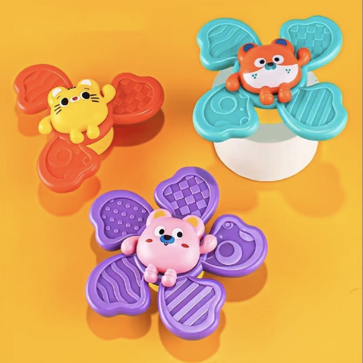 Jucarie interactiva pentru bebelusi, Pitikot®, educationala, ideala pentru joaca, baie, calatorit, luat masa, dentitie, dezvoltarea abilitatilor motrice, atentiei, spinner cu ventuza, bilute rotative, set 3 piese pisicuta, soricel si catel - Pitikot®