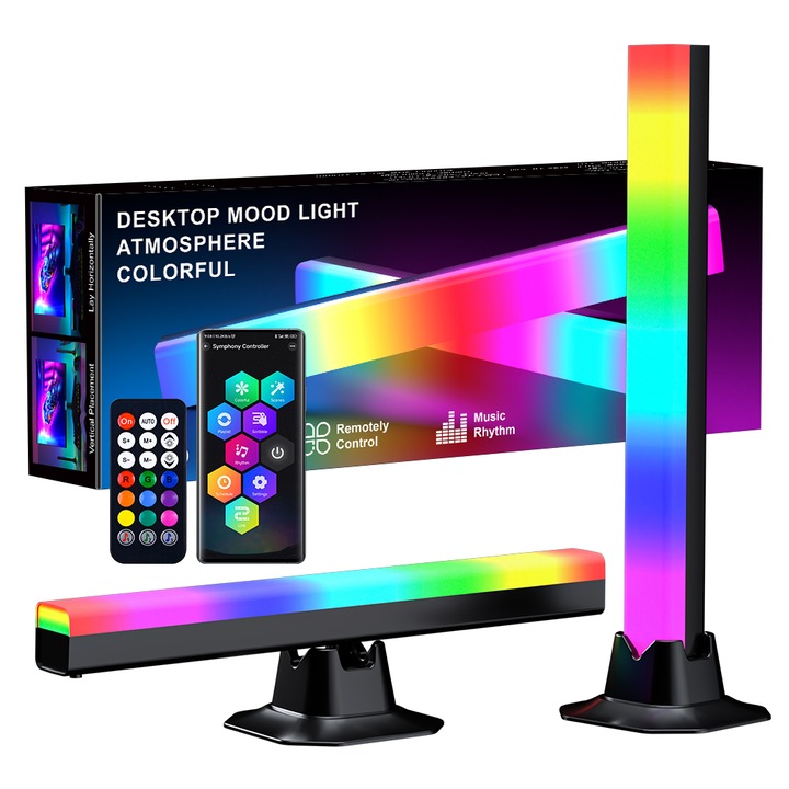 Комплект от 2 Led RGB подови лампи, 5W, Dynamic Led, приложение за смарт телефон, дистанционно управление, музикален сензор, 16 милиона цвята, USB 5V, лампа за околна светлина