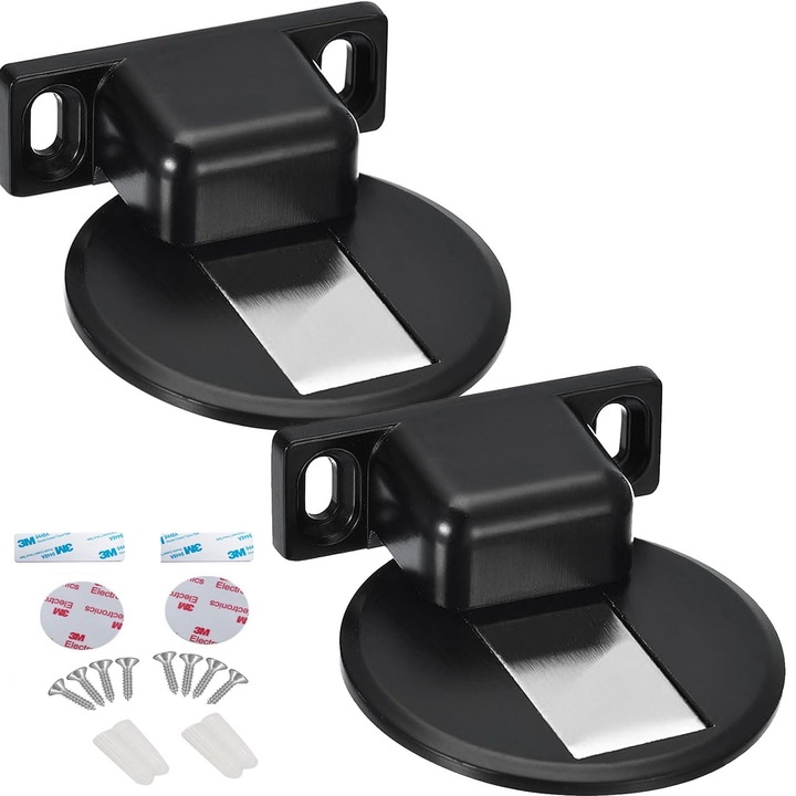 Set 2 Opritor Magnetic pentru Usa, SINBINTA, Cu banda adeziva dublu fata 3M si suruburi de montaj, Ultra Subtire 5mm, Rezistent la coroziune, Pentru diverse tipuri de usi, Aliaj de zinc, 5.9*5.6*1.9*cm, Negru