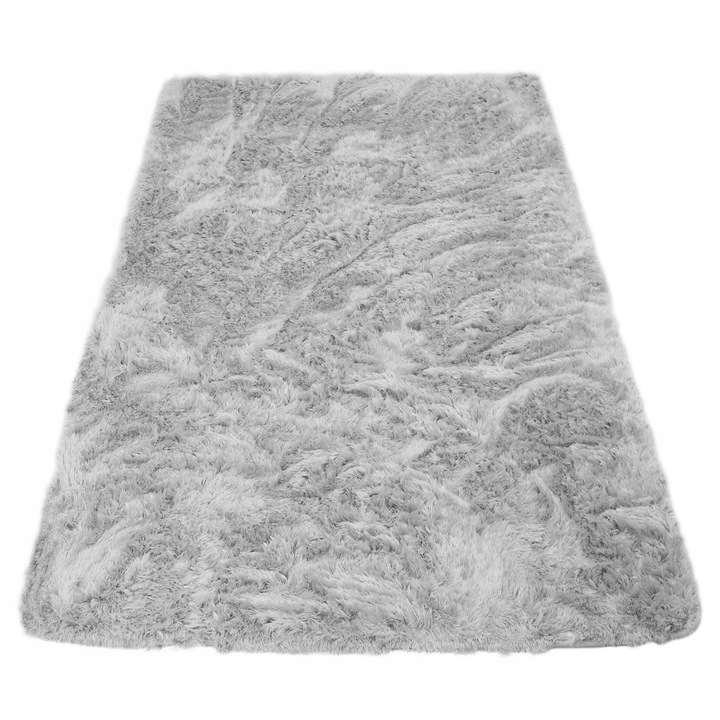 Covor pufos, Moale, elSimone, 140 x 200 cm, Microfibra, Antiderapant, Compatibil incalzire in pardoseala, Lavabil, Rezistenta UV, Dreptunghi, Fir lung, Argintiu