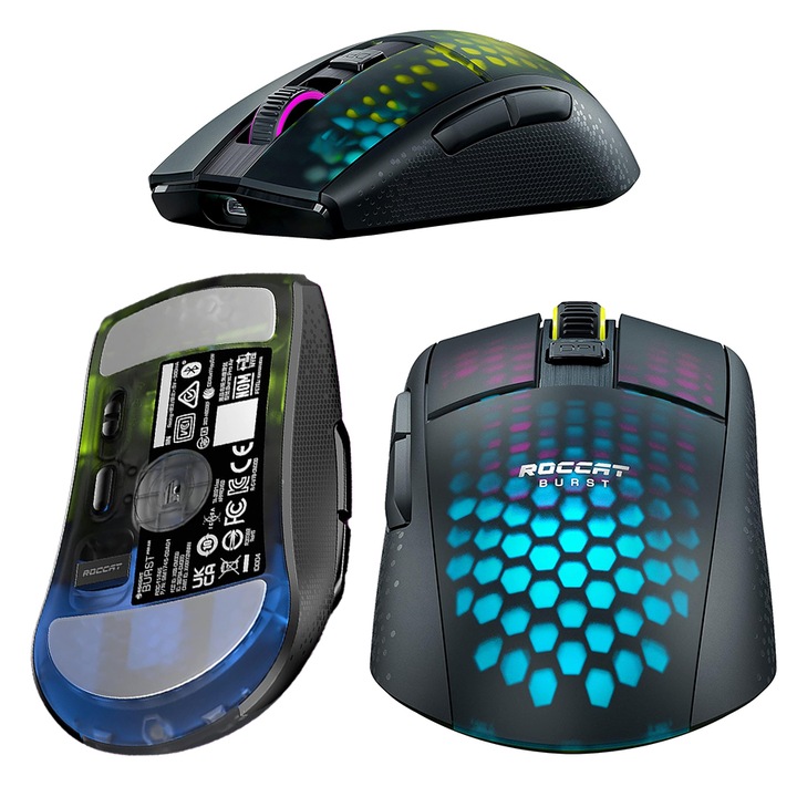 Mouse Gaming, Roccat, Burst Pro Air, Bluetooth, 19k DPI, forma simetrica, baterii de 100h, conectivitate 2.4GHz & Bluetooth 5.2, 4 zone AIMO RGB, Switch Optical Titan, Senzor Owl-Eye 400 IPS, Negru