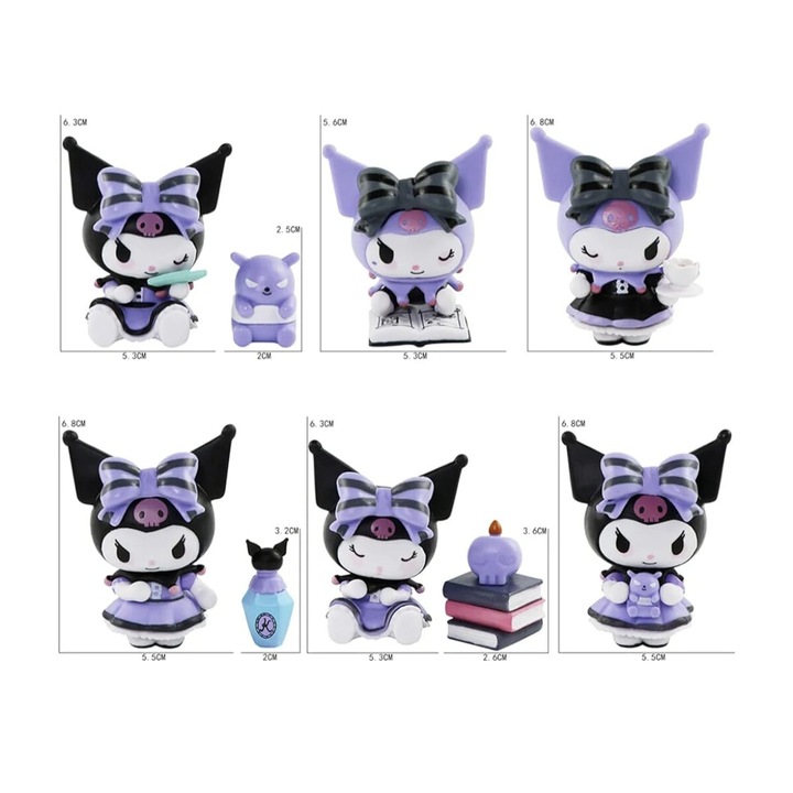 Комплект от 7 фигурки тип Kuromi Hello Kitty, 3 аксесоара, многоцветни, 7 см