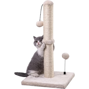 Ansamblu de joaca Fish & Paws ®, pentru pisici, stalp pentru ascutitul ghearelor, cu bila suspendata, confectionat din sisal natural rezistent la zgarieturi, pentru protectia mobilierului, inaltime de 55cm, crem