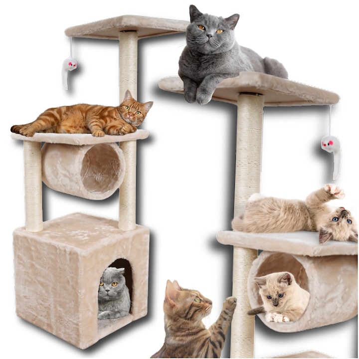 Post De Zgariat, Omna, Soarece De Joaca, Stalpi Cu Franghie Sisal, Tunel, Baza: 31/31cm, Tunel: O 15cm, Inaltime Totala: 93cm, Gri