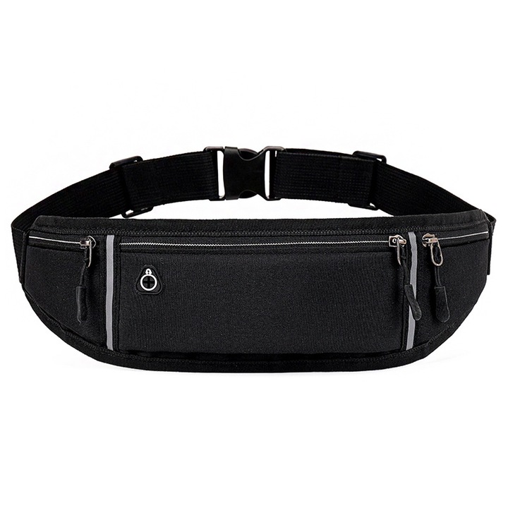 Geanta de talie, neagra, cu 3 buzunare, material rezistent la apa, pentru barbati si femei