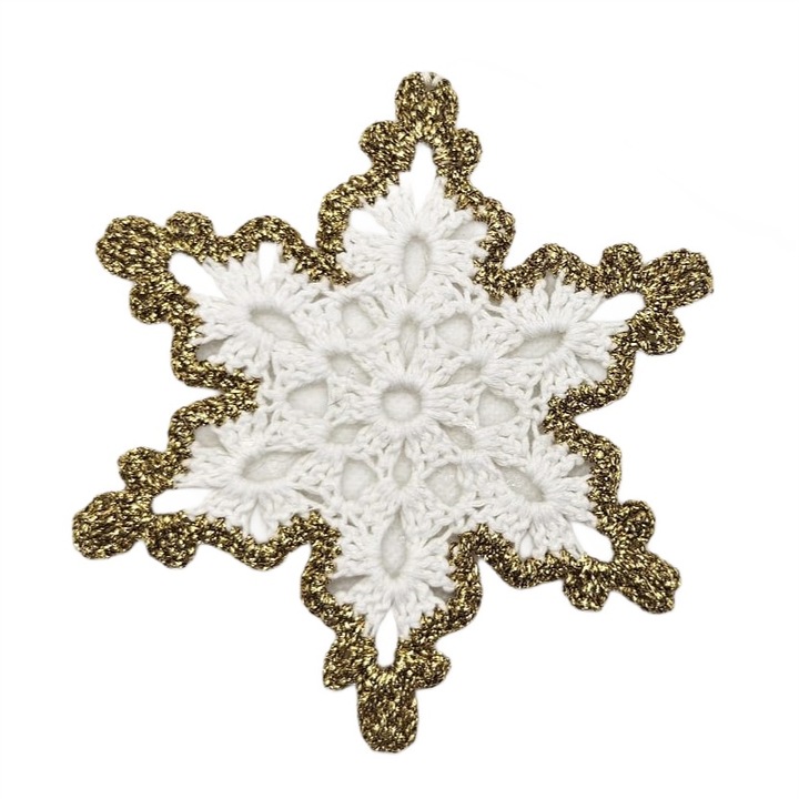 Set 4 decoratiuni de Craciun lucrate manual, stelute crosetate, albe cu margine aurie, 12 cm