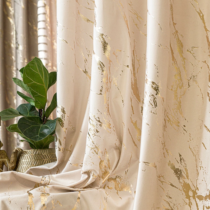 MARMA Perdele gata de fabricatie cu ochiuri, latime 140cm x inaltime 250cm, culoare 016 crem cu imprimeu auriu pe VELVI TD0033/ZGP/016/140250/1