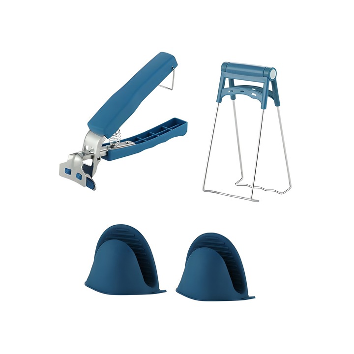 Set 2 clesti/1 pereche protectii degete anti-oparire, inox si silicon, albastru