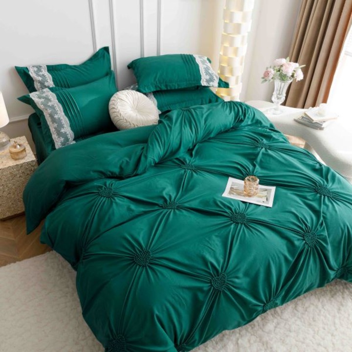 Lenjerie de pat, 2 persoane, finet, 6 piese, Elegant Deluxe Uni, cu broderie pliuri Inima, verde, 230x250 cm j2
