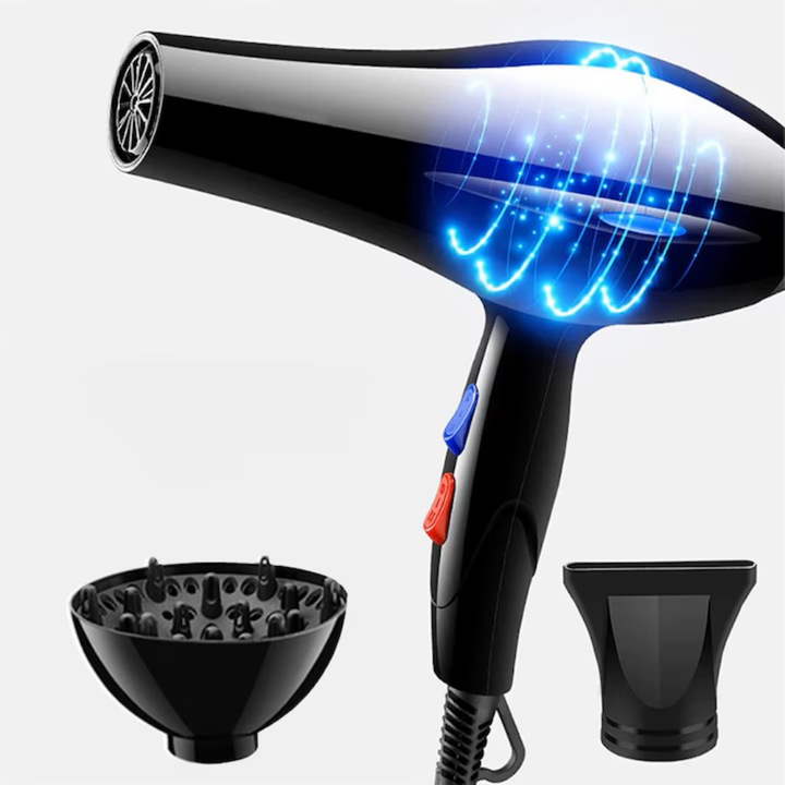 VarioShop® professzionális hajszárító, termosztatikus ionokkal, diffúzor, koncentrátor, 3 fokozatú hőmérséklet állítás, 2 fokozatú teljesítmény állítás, kábel 125 m, akasztó, 1200 W, 26 x 25 cm, fekete