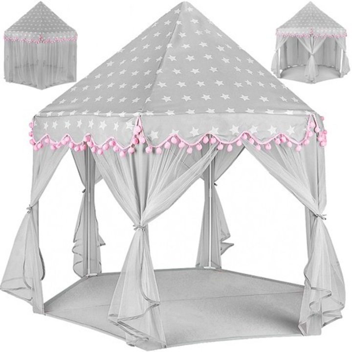 Детска палатка за игра VarioShop®, заострена горна част, прозрачни завеси, голям размер, лесна инсталация, вътрешна/външна, 123 x 123 x 140 cm, розово/сиво