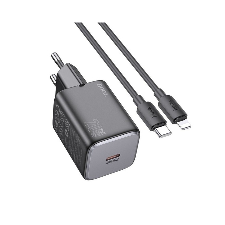 Pachet Incarcator Hoco Fast Charger 20W + Cablu Usb-C La Lightning, Lungime 1M, Quick Charge, N40, Negru