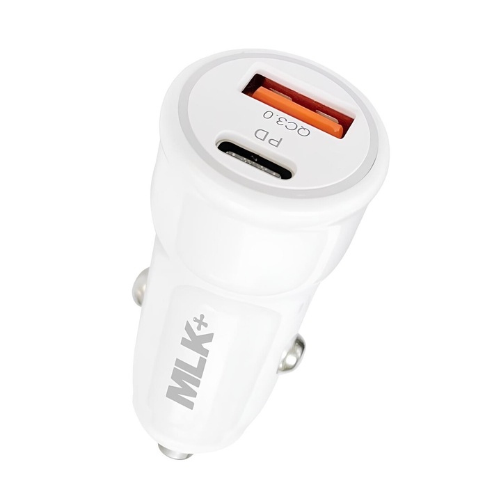 Incarcator Auto MLK+, 48W Fast Charge, 2 x Porturi Incarcare, Type-C, USB 3.0, PD + QC, 12 - 24 V, Universal