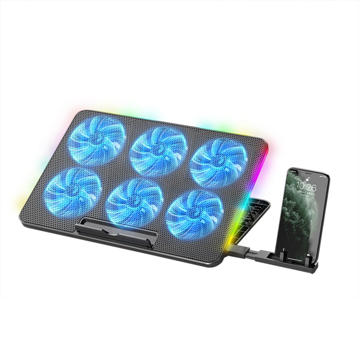 Cooler pentru laptop pentru 12-17 inchi, 6 ventilatoare silentioase, 7 reglabile in inaltime si alimentare USB, cu suport pentru telefon si iluminare RGB, negru