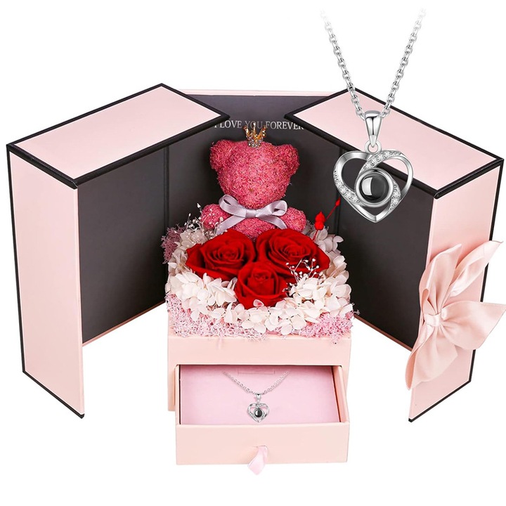 Set cadou, PHIKER, 3 Piese, Trandafiri Preservati Rosii, Petale de Hortensie, Cutie Cadou
