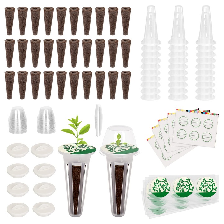 Kit de germinare 161 PCS, PHIKER, 30 module de seminte, 30 suporturi, 30 etichete, 30 domuri, 10 capace, 1 penseta, maron