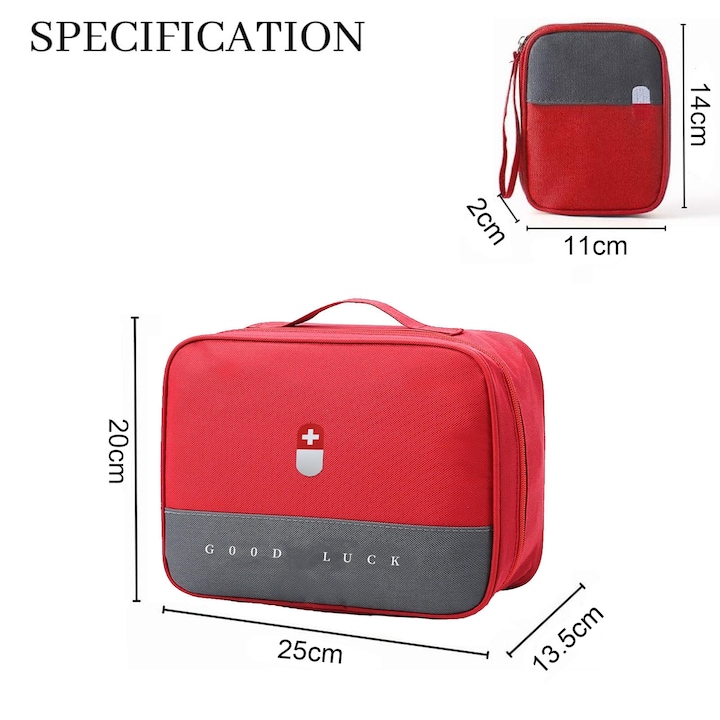 Set Trusa Medicala, SINBINTA, 2 buc, Rezistent la apa si umiditate, Design spatial independent cu mai multe straturi, Organizator de calatorie, Nu include medicamente, Pentru acasa, camping, birou, Panza oxford/Poliester, 25*20*13.5cm/14*11*2cm, Rosu