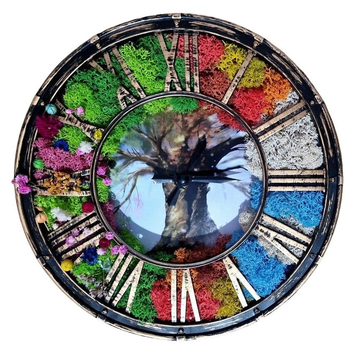 Ceas cu licheni naturali stabilizati si alte plante uscate, anotimpuri, multicolor, 20 cm