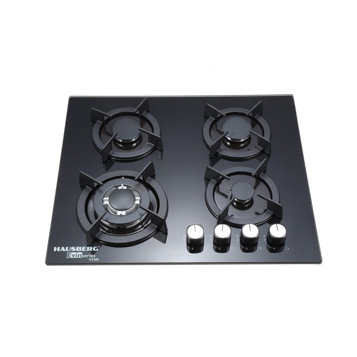 Печка за вграждане Hausberg HB-560NG, 3 стандартни горелки + 1 WOK горелка, електрическо запалване, чугунена опора, железен капак на горелката, газ, Черен