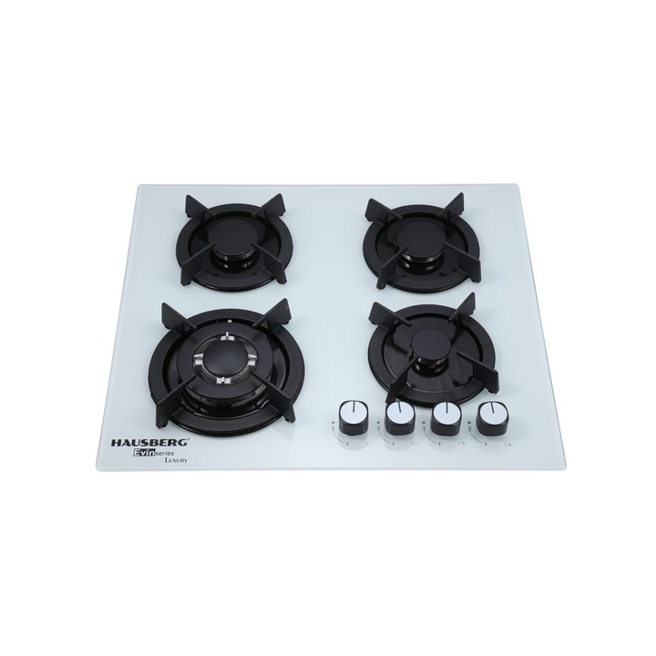 Котлон за вграждане Hausberg HB-560AB, 3 стандартни горелки + 1 WOK горелка, електрическо запалване, чугунена опора, железен капак на горелката, газ, бял