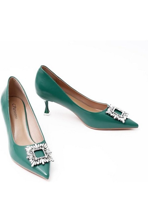 Pantofi ascutiti cu catarama patrata, toc 5.5 cm, verde, marimea 37, C.Paravano
