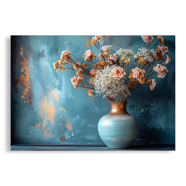 Tablou Canvas, Floral, Vaza cu Flori Aurii, 70x100 cm