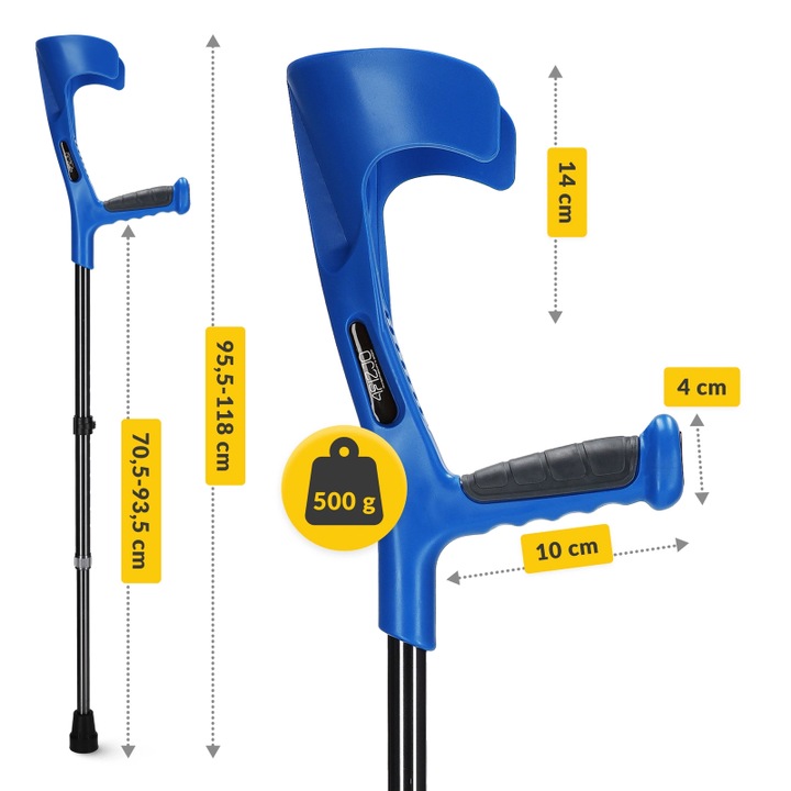 Set de 2 carje ortopedice din aluminiu, 4FIZJO, cu suport axial, reglabil, stabil, fabricat din materiale de inalta calitate, suport pana la 150 kg, maner ergonomic cu suport pentru articulatia cotului, dimensiune universal, Negru/Albastru