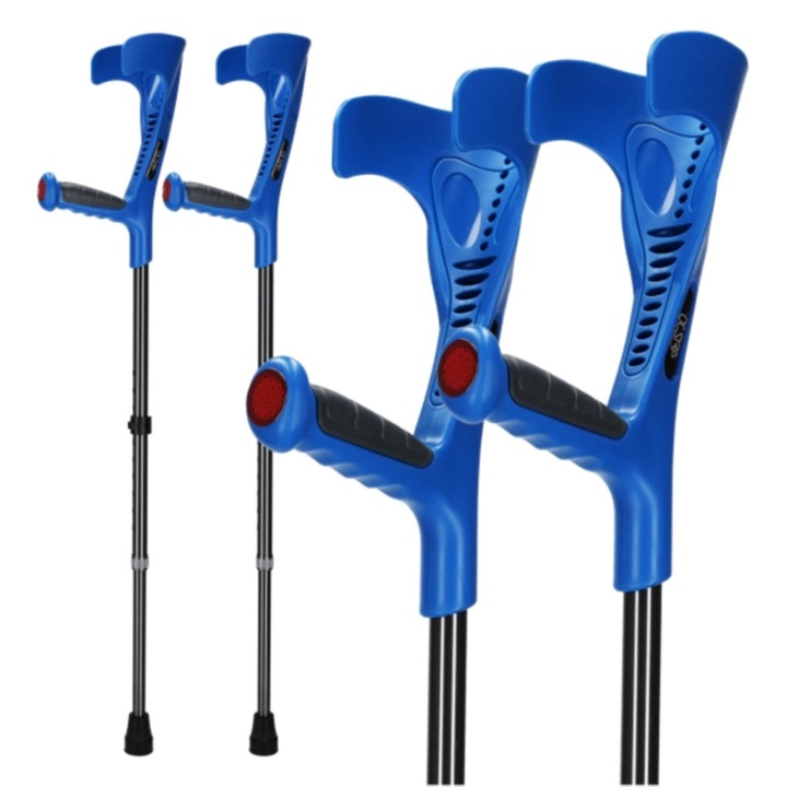 Set de 2 carje ortopedice din aluminiu, 4FIZJO, cu suport axial, reglabil, stabil, fabricat din materiale de inalta calitate, suport pana la 150 kg, maner ergonomic cu suport pentru articulatia cotului, dimensiune universal, Negru/Albastru