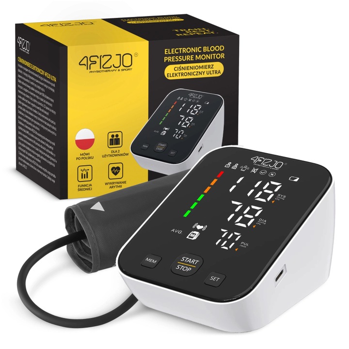 Elektronikus felső karos vérnyomásmérő, ULTRA modell, 4FIZJO, memória funkció, hálózati és elemmel működtethető, LED kijelző, szabálytalan pulzus érzékelés, praktikus és könnyen tárolható, 90 memória 2 felhasználó számára, 22-32 cm-es mandzsetta, fehér