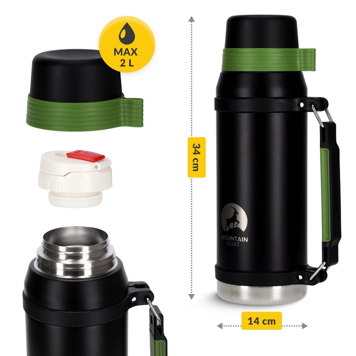 Termos turistic, Mountain Goat, pentru cafea si ceai, cu maner si cana, material otel inoxidabil, plastic de inalta calitate, dimensiuni 34 x 14 cm, rezista pana la 24 de ore, capacitate 2 L, Negru/Verde