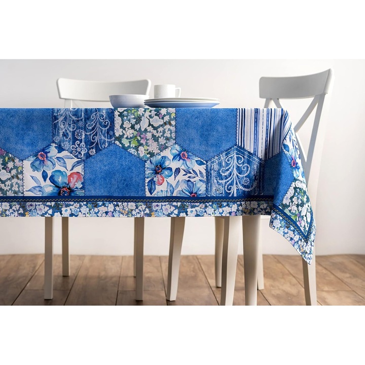 Fata de Masa Dining, Maison d'Hermine, Bumbac 100%, Albastru, Model cu flori, 140 x 180 cm