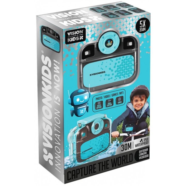 Camera video sportiva Vision Kids, 1080P, 5x zoom, waterproof, 8,4x8,9cm, set cu accesorii