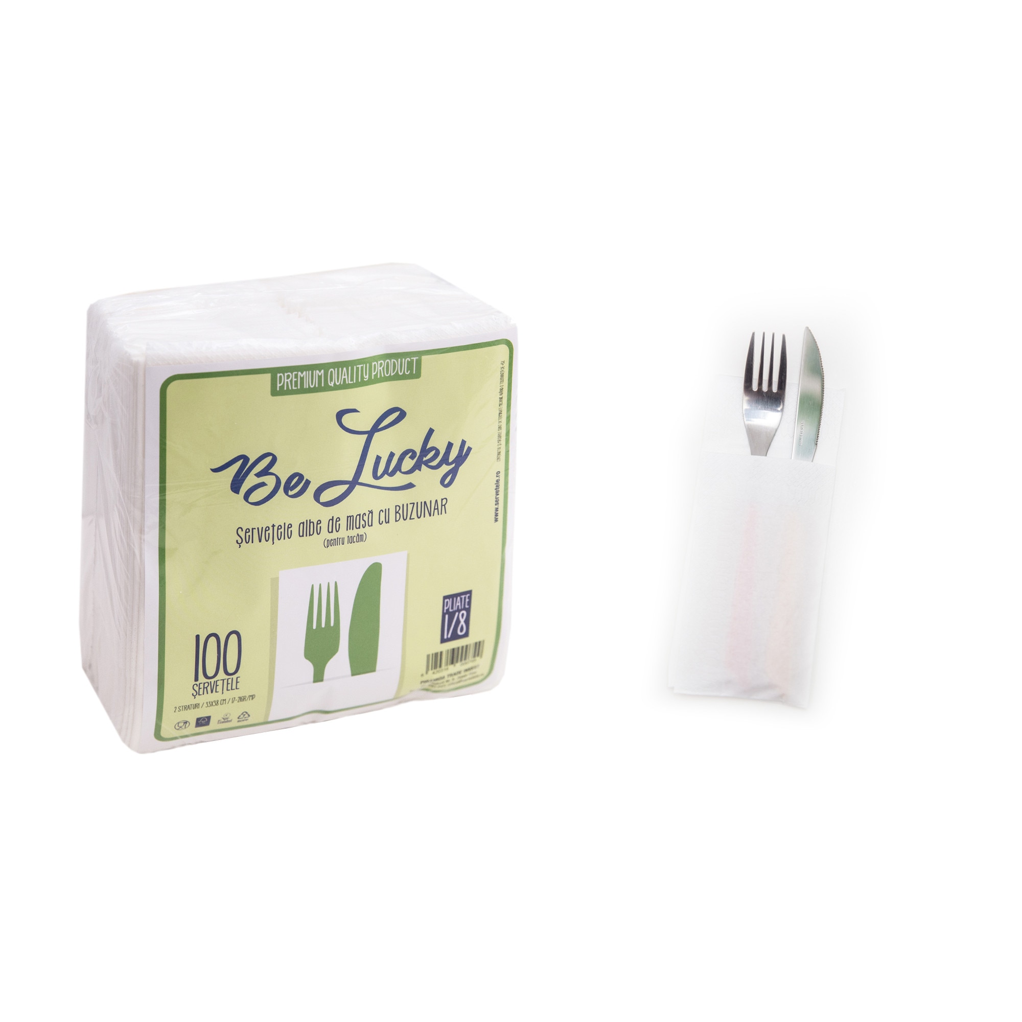 Servetele albe cu Buzunar pentru tacamuri, 33x38 cm - 2 straturi, 100 buc/pac, Gama Be Lucky.